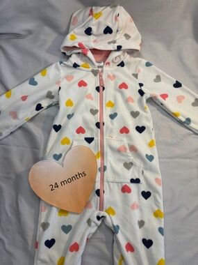 24M Colorful Heart Print Fleece Onesie/Hooded romper